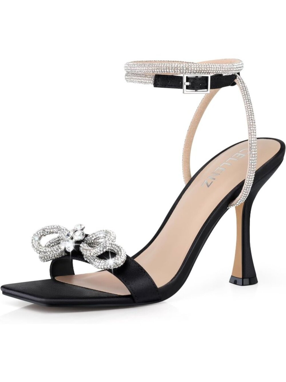 Women's Satin Black Double Bowknot Open Toe Sparkly Strappy Party Wear Heels